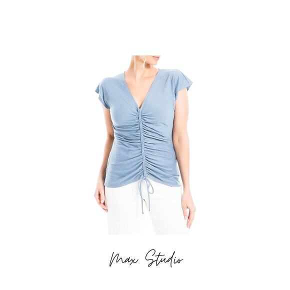 Max Studio Women's Ruched V-Neck Cap Sleeve Top Blue Textured Knit XS NWT - Picture 1 of 7